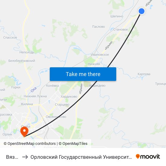 Вязовая to Орловский Государственный Университет (Польский Корпус) map