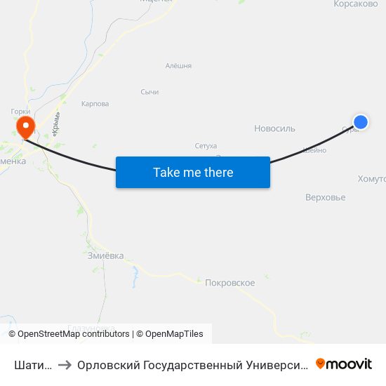 Шатилово to Орловский Государственный Университет (Польский Корпус) map