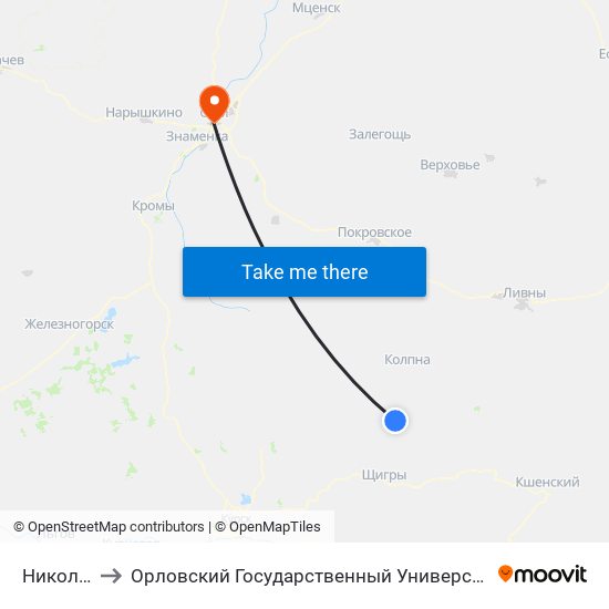 Никольское to Орловский Государственный Университет (Польский Корпус) map