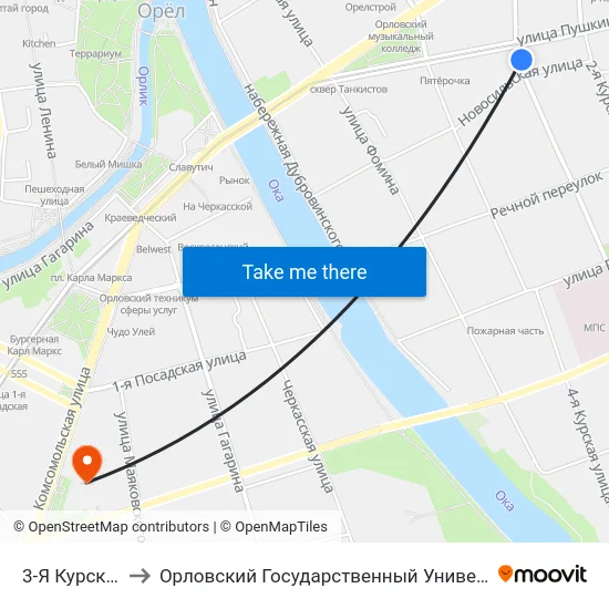 3-Я Курская Улица to Орловский Государственный Университет (Польский Корпус) map