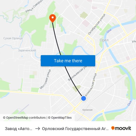 Завод «Автосельмаш» to Орловский Государственный Аграрный Университет map