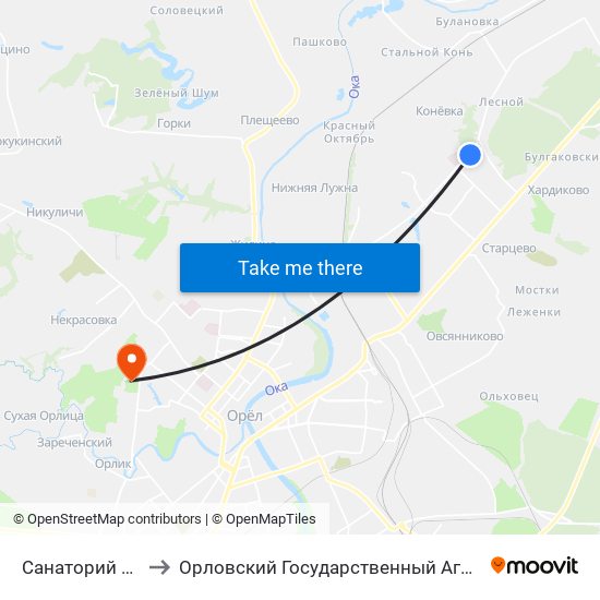 Санаторий «Лесной» to Орловский Государственный Аграрный Университет map