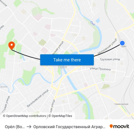Орёл (Вокзал) to Орловский Государственный Аграрный Университет map