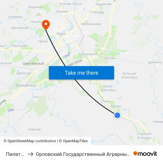 Пилатовка to Орловский Государственный Аграрный Университет map