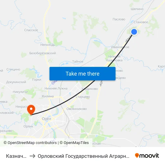 Казначеево to Орловский Государственный Аграрный Университет map