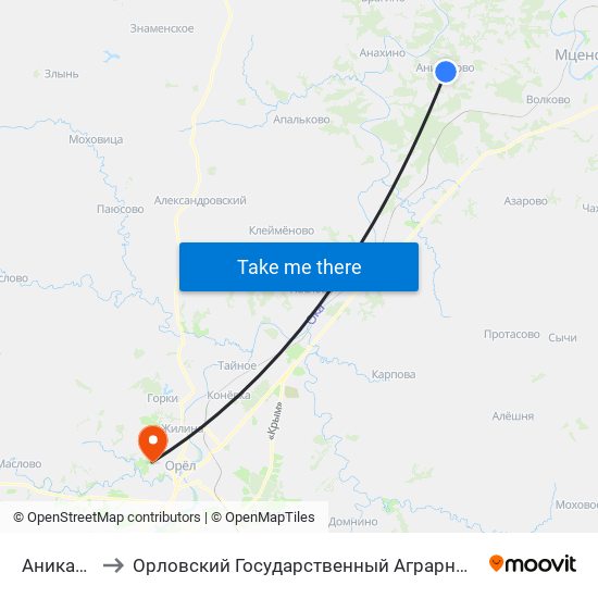 Аниканово to Орловский Государственный Аграрный Университет map