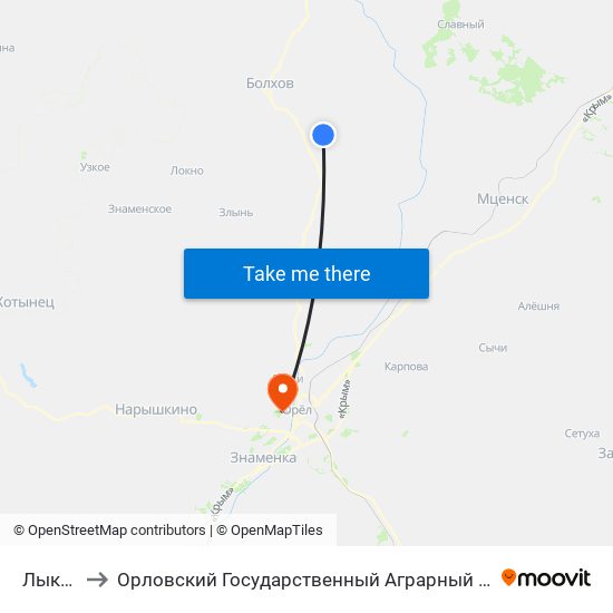 Лыкова to Орловский Государственный Аграрный Университет map