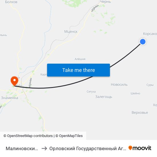 Малиновский Поворот to Орловский Государственный Аграрный Университет map