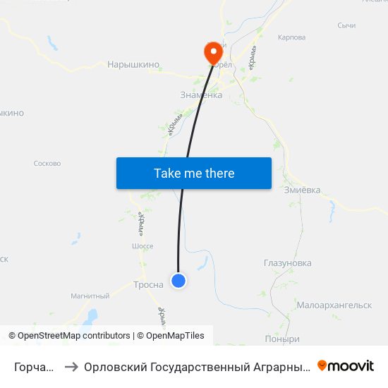 Горчаково to Орловский Государственный Аграрный Университет map