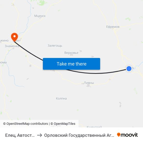 Елец, Автостанция №2 to Орловский Государственный Аграрный Университет map