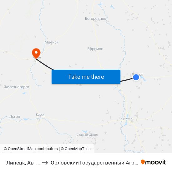 Липецк, Автовокзал to Орловский Государственный Аграрный Университет map