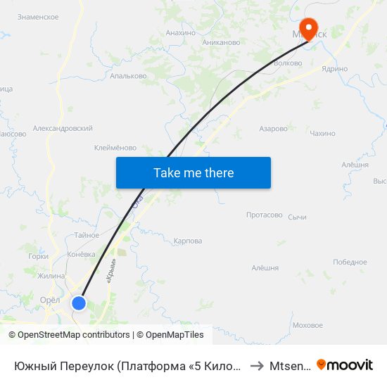 Южный Переулок (Платформа «5 Километр») to Mtsensk map