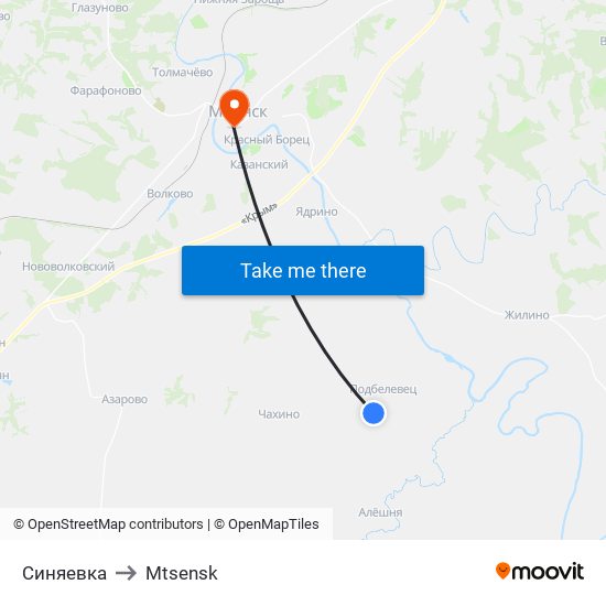 Синяевка to Mtsensk map