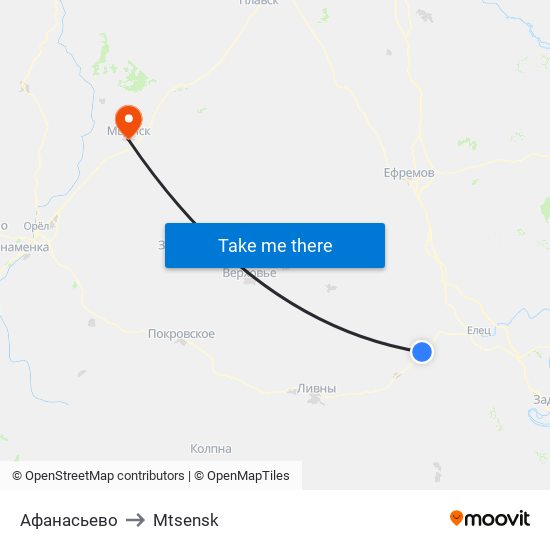 Афанасьево to Mtsensk map