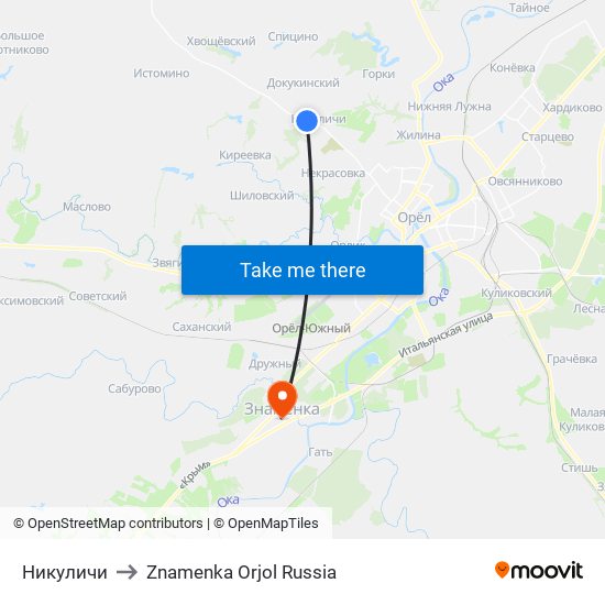 Никуличи to Znamenka Orjol Russia map