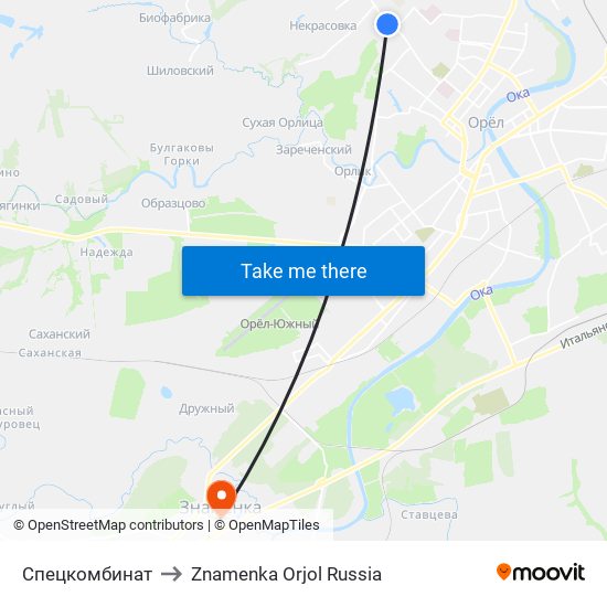 Спецкомбинат to Znamenka Orjol Russia map