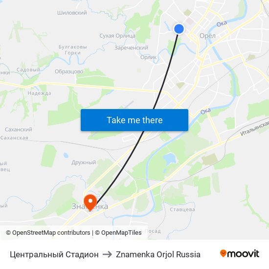 Центральный Стадион to Znamenka Orjol Russia map