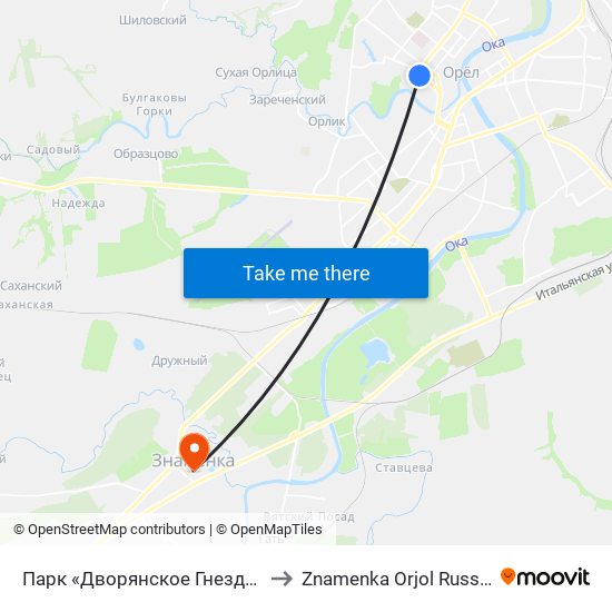 Парк «Дворянское Гнездо» to Znamenka Orjol Russia map