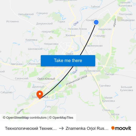Технологический Техникум to Znamenka Orjol Russia map