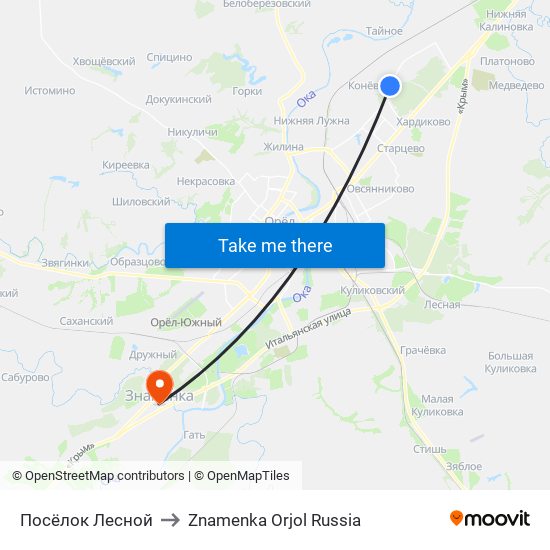 Посёлок Лесной to Znamenka Orjol Russia map
