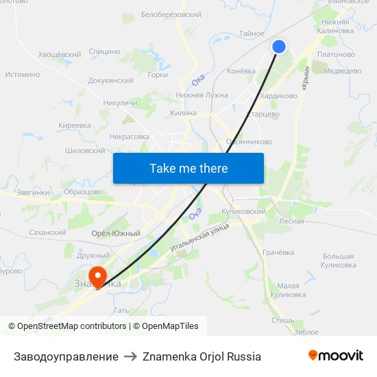 Заводоуправление to Znamenka Orjol Russia map