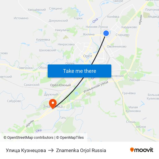 Улица Кузнецова to Znamenka Orjol Russia map