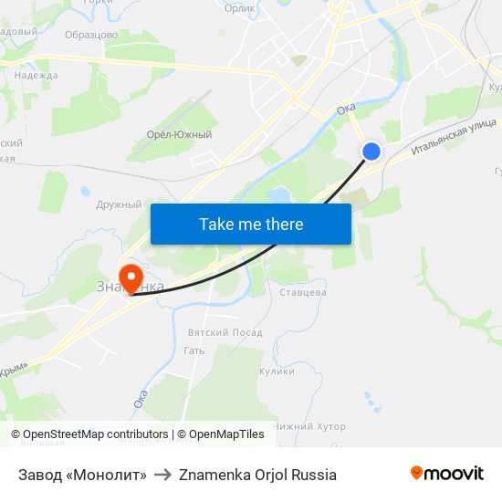 Завод «Монолит» to Znamenka Orjol Russia map