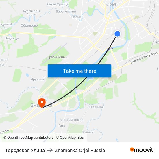 Городская Улица to Znamenka Orjol Russia map