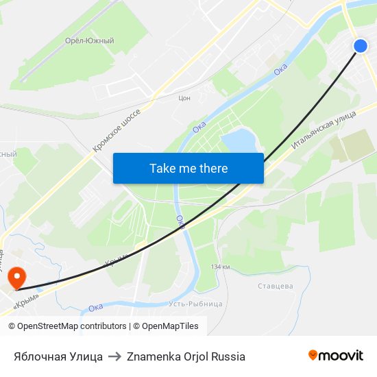 Яблочная Улица to Znamenka Orjol Russia map