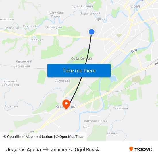 Ледовая Арена to Znamenka Orjol Russia map