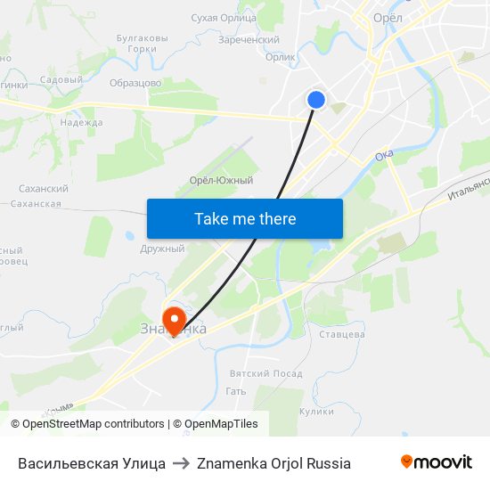 Васильевская Улица to Znamenka Orjol Russia map