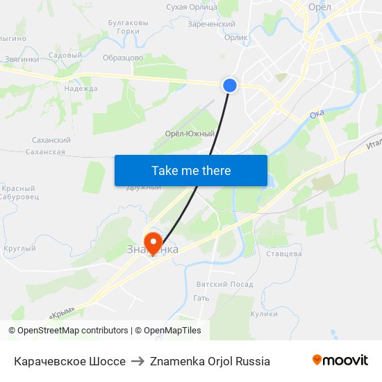 Карачевское Шоссе to Znamenka Orjol Russia map
