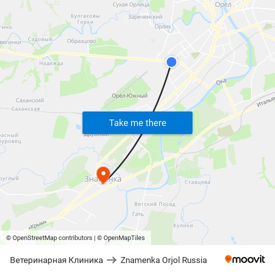 Ветеринарная Клиника to Znamenka Orjol Russia map