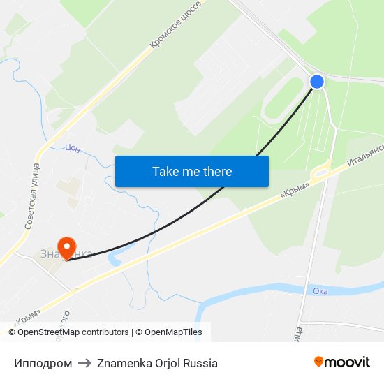 Ипподром to Znamenka Orjol Russia map