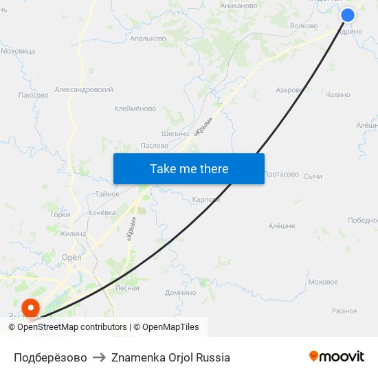 Подберёзово to Znamenka Orjol Russia map