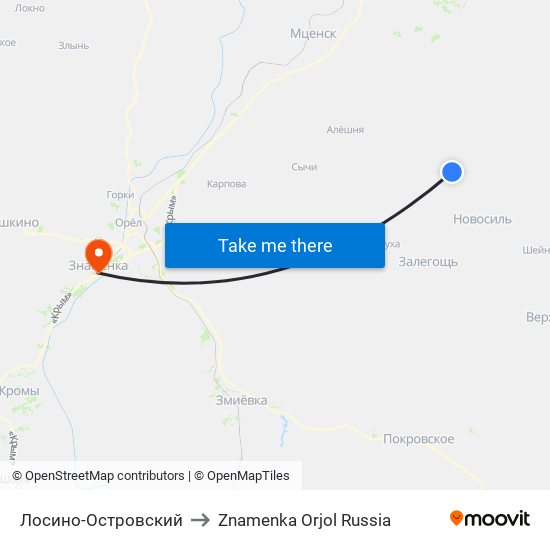 Лосино-Островский to Znamenka Orjol Russia map