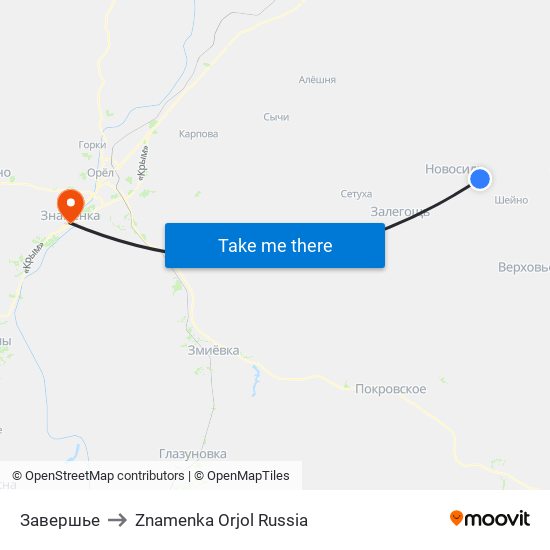 Завершье to Znamenka Orjol Russia map