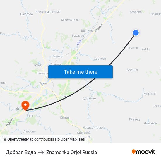 Добрая Вода to Znamenka Orjol Russia map