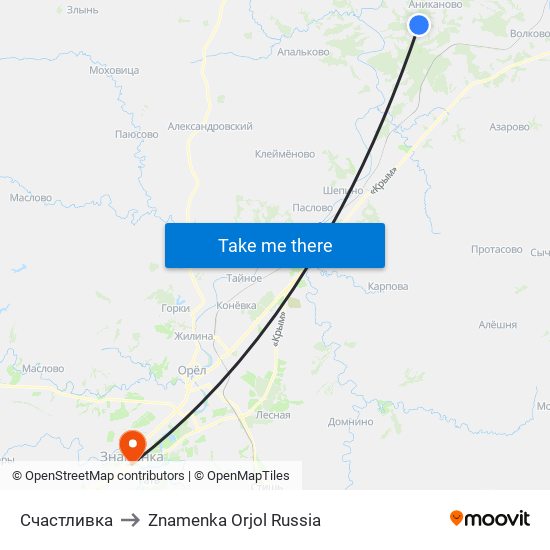 Счастливка to Znamenka Orjol Russia map