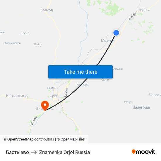 Бастыево to Znamenka Orjol Russia map