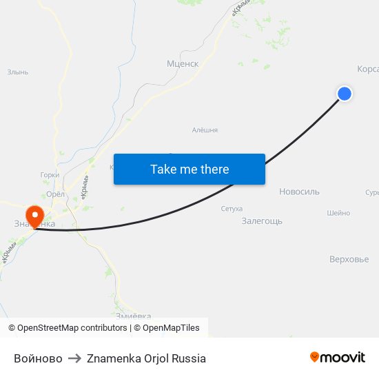 Войново to Znamenka Orjol Russia map