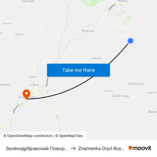 Зелёнодубравский Поворот to Znamenka Orjol Russia map