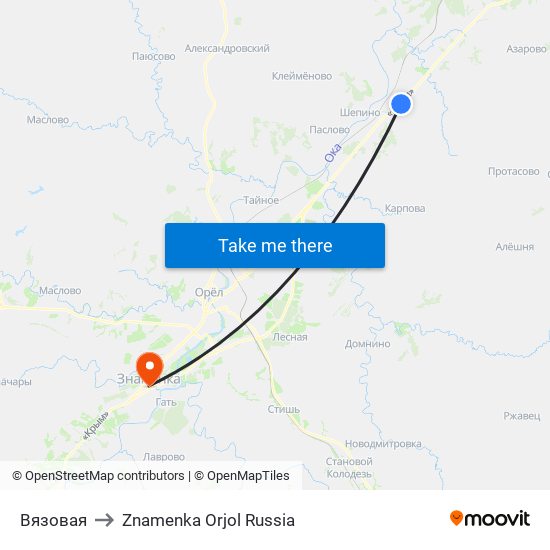 Вязовая to Znamenka Orjol Russia map