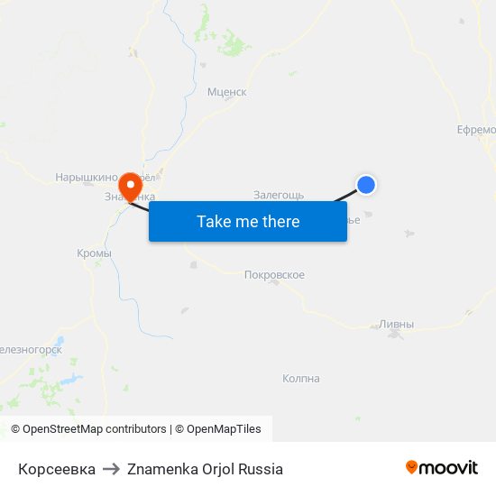 Корсеевка to Znamenka Orjol Russia map