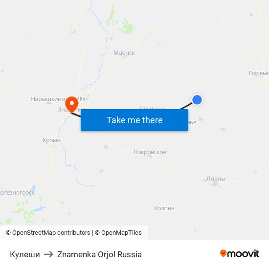 Кулеши to Znamenka Orjol Russia map