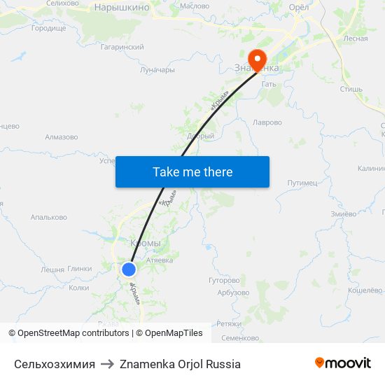 Сельхозхимия to Znamenka Orjol Russia map