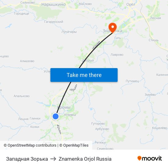 Западная Зорька to Znamenka Orjol Russia map