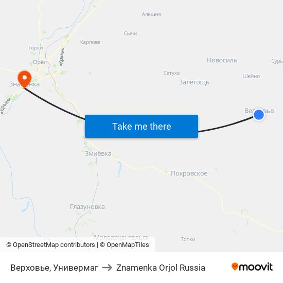 Верховье, Универмаг to Znamenka Orjol Russia map