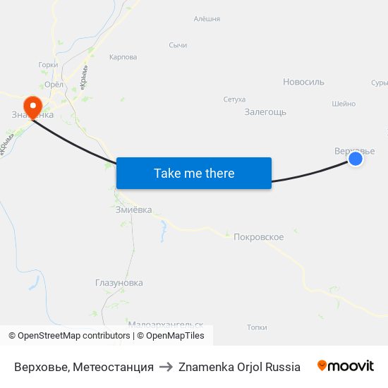 Верховье, Метеостанция to Znamenka Orjol Russia map