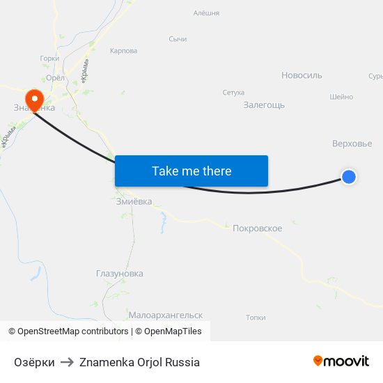 Озёрки to Znamenka Orjol Russia map